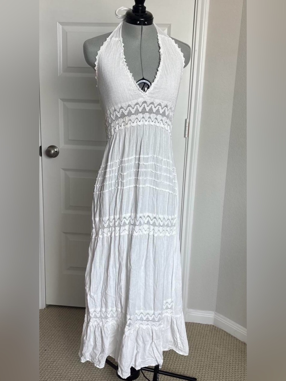 Seaspice 100% Cotton White Halter Maxi Dress with Crochet Detail - Women